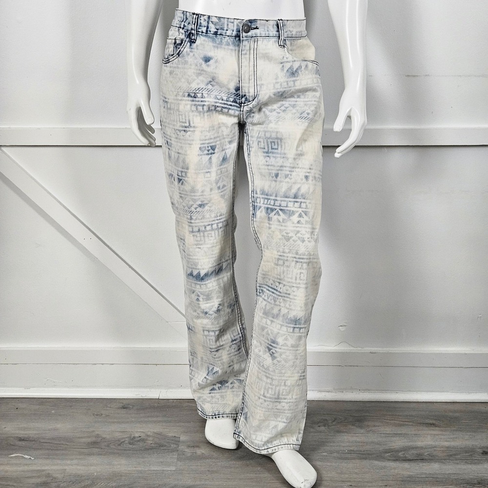Decibel Dry Goods Mens 36x34 Geometric Tribal Print Acid Wash Jeans Straight Leg